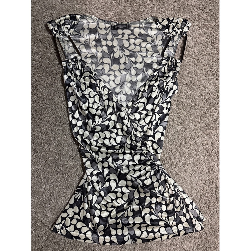 Sinequanone Paris Womens Black White Abstract Print Ruched V-Neck Top Size T0